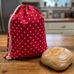 Red and White Polka Dot Cotton Bread Bag, Handmade Reusable Sourdough Storage